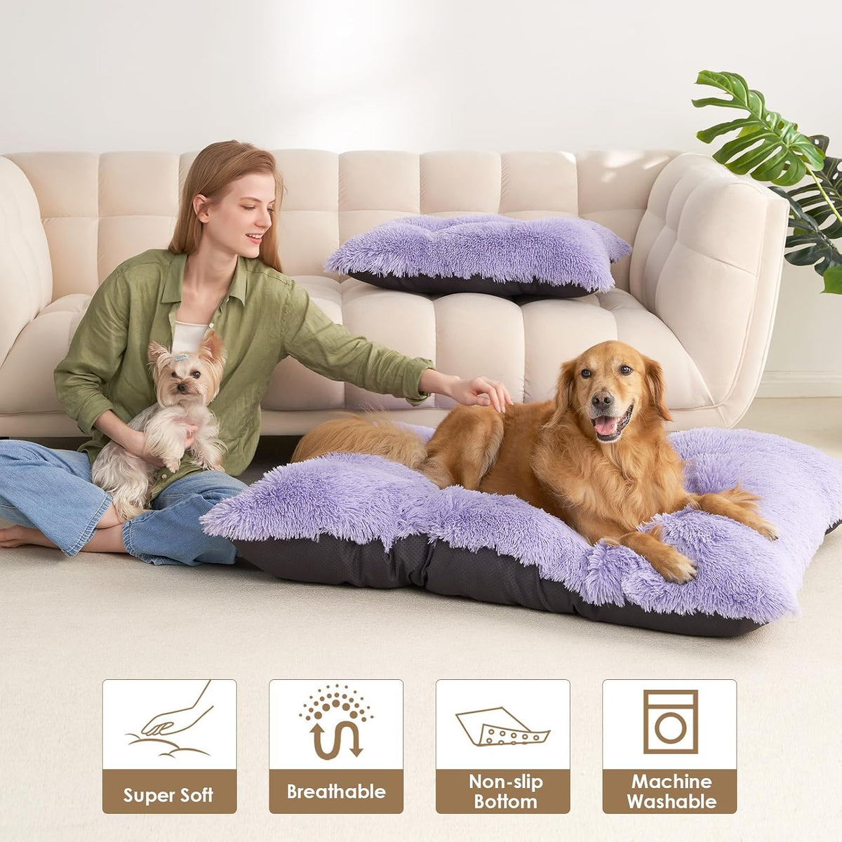 EHEYCIGA Fluffy Dog Crate Bed, Plush Extra Large Dog Pillow, Purple