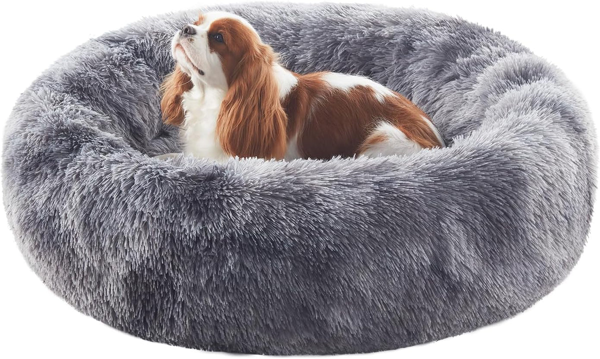 30 in Faux Fur Fluffy Donut Dog Bed for Medium Dogs,Tie-dye Grey