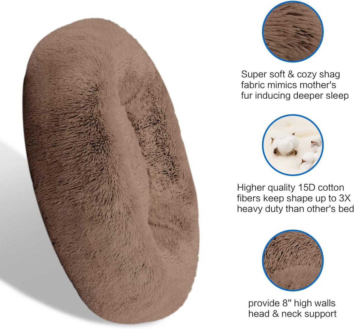 SAVFOX 30 inches Calming Donut Dog Bed - 3X Durable Plush Faux Fur, Machine Washable & Non-Slip, Fits up to 45 lbs, Brown