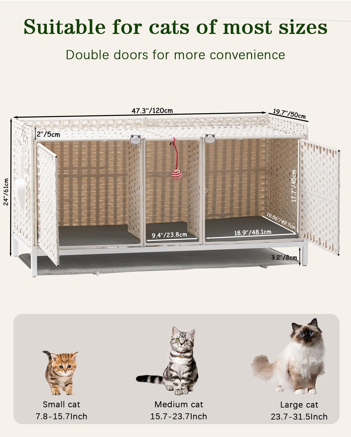 SETVSON Cat Litter Box Enclosure for 2 Cats, PE Rattan Kitty House, White | Handwoven PE Rattan with 2 Absorbent Mats, 3.2-In Heightened Metal Feet, 2 S-Hooks, 47.3 x 19.7 x 24 Inches Cabinet