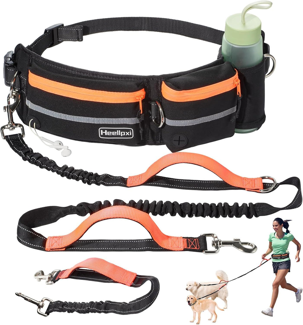Hands-Free Waist Leash with Pouch for Two Dogs: Reflective Stitching, Dual Handle & Bungee Retractable Design – Ideal for Medium to Large Dogs (Orange) – Dog Walking Accessories
