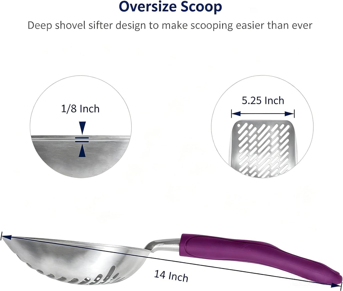 WePet Cat Litter Scoop, Aluminum Alloy Sifter, Kitty Metal Scooper, Deep Shovel with Diagonal Sifting Hole, Long Handle, Kitten Poop Lifter for Litter Box, Large Size, Violet Handle