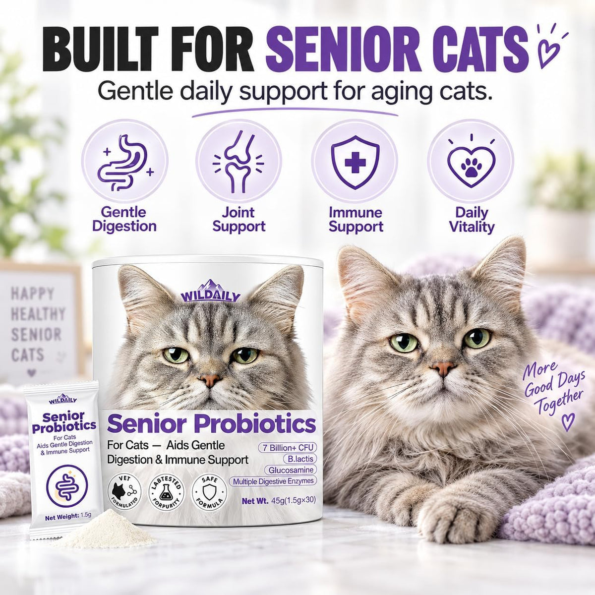 Probiotics for Cats with Prebiotics, 7 Billion CFU Digestive & Gut Health Support for Senior Cats, Daily Probiotic Powder for Older Cats, 30 Stick Packs