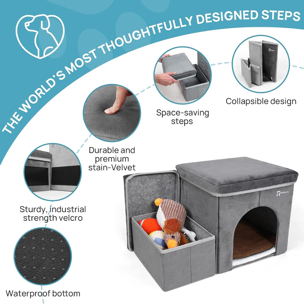 Foldable Pet Stairs with Cozy House & Storage
