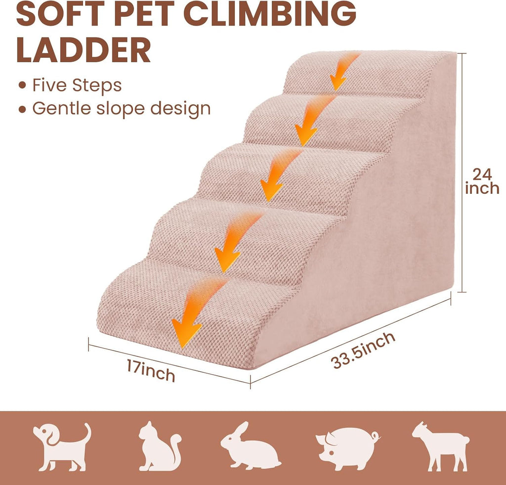 5 Steps Dog Stairs for Bed, 24" Dog Steps for High Bed, High Density Pet Steps for Small Dogs, Extra Wide Non-Slip Dogs Ramp for Injured, Older Pets, Small Cats, Pink