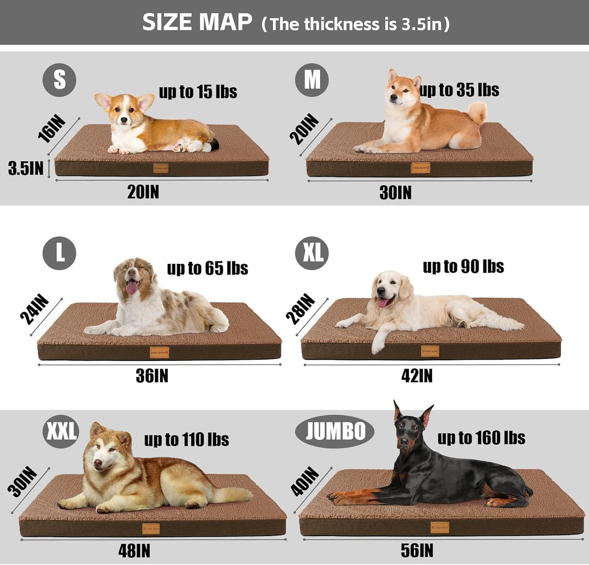 Patas Lague Orthopedic Large Dog Bed Washable Pet Sofa Mat 48''X30'' Brown