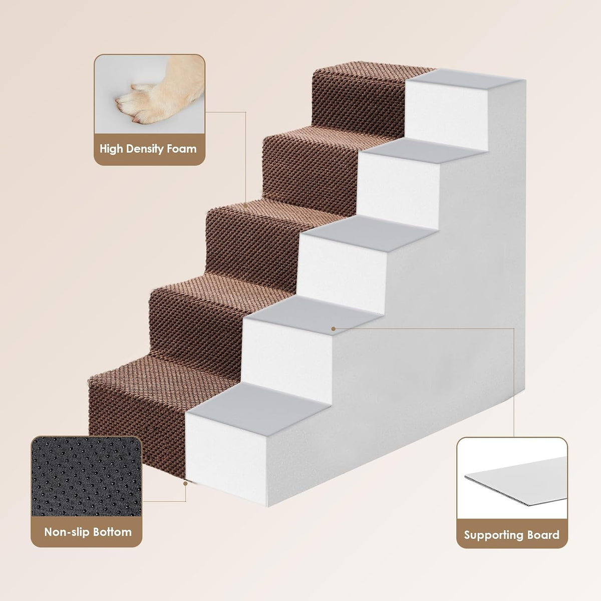 EHEYCIGA Dog Stairs for High Bed 22.5" H, 5-Step Dog Steps, Brown