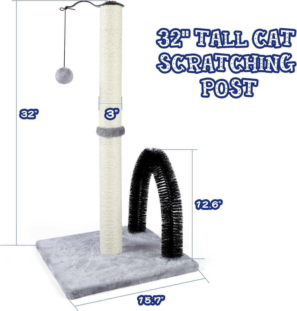 ANWA 32" Tall Cat Scratching Post with Arch Groomer, Natural Sisal, Gray