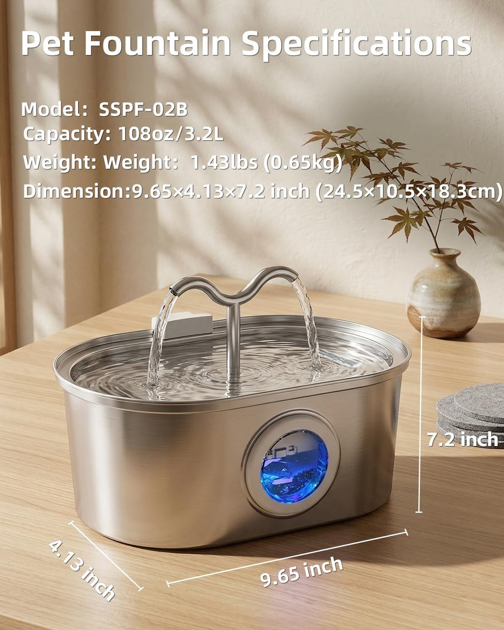 3.2L/108oz Stainless Steel Cat Water Fountain Pet Fountain