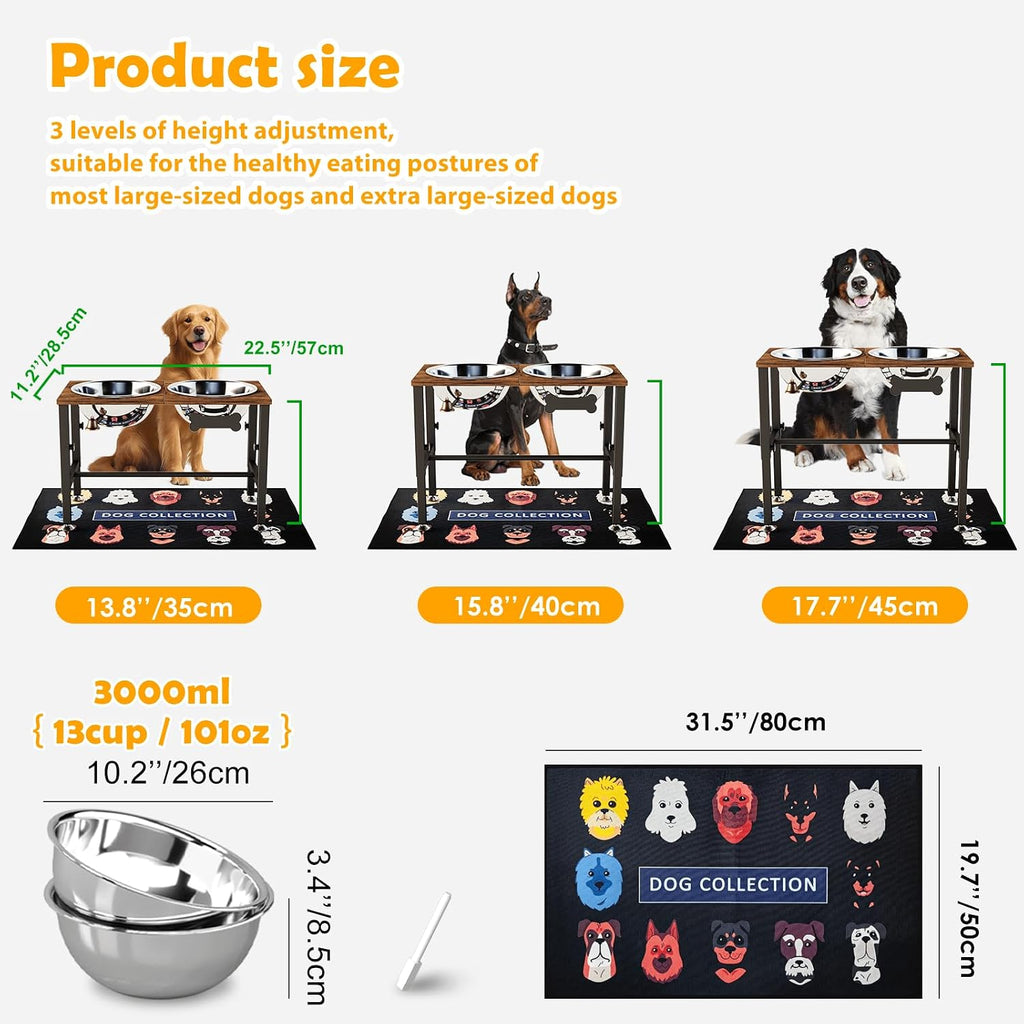 ADENGL Adjustable Elevated Dog Bowls, Raised Bowl Stand with 2 Stainless Steel Bowls (3000ml) and Spill-Proof Mat for Large and XLarge Breeds