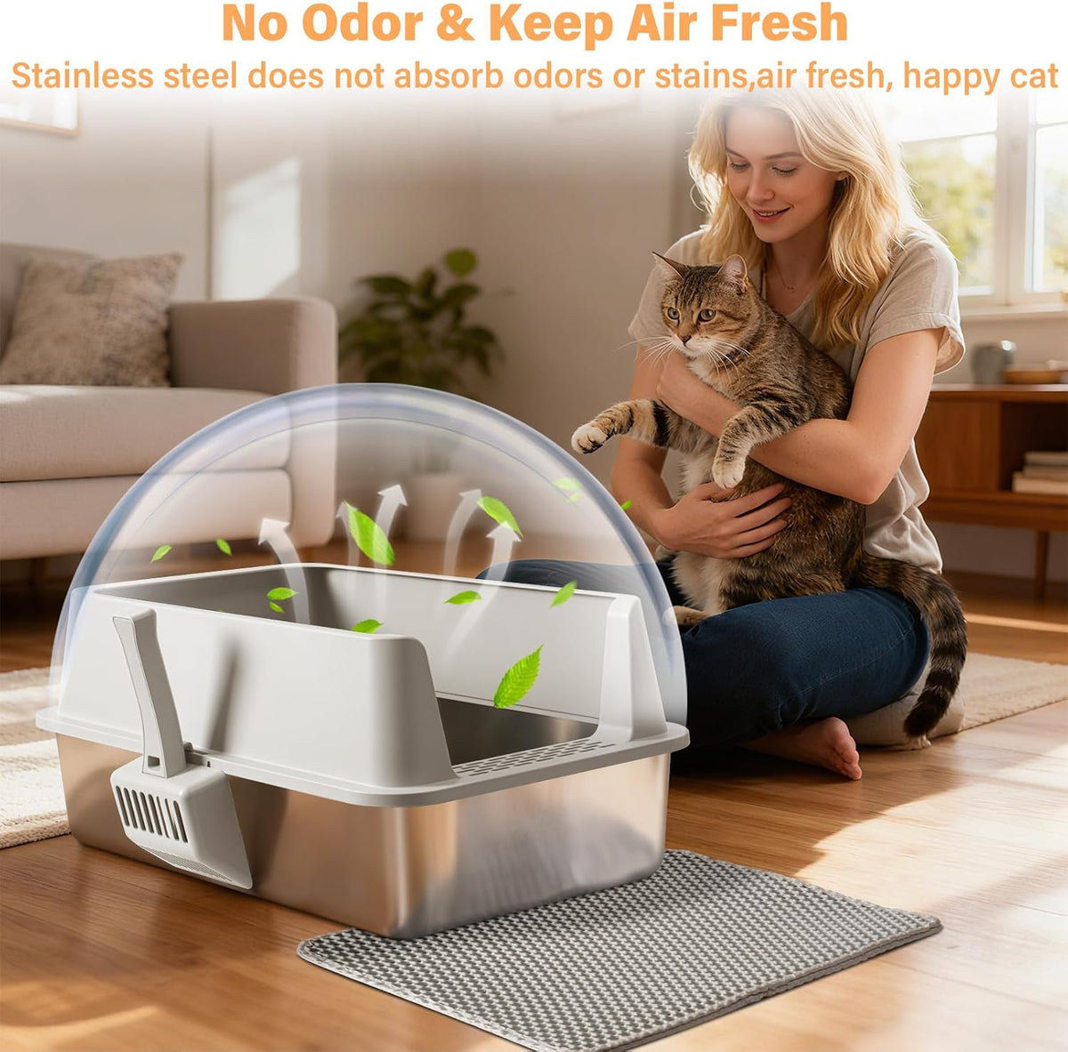 Stainless Steel Litter Box XL-Metal Cat Litter Box for Big Cat | Large Metal Litterbox with High Side，Non-Stick, Odor-Resist, Anti-Urine Leakage, Easy-Clean, Includes Mat & Scoop