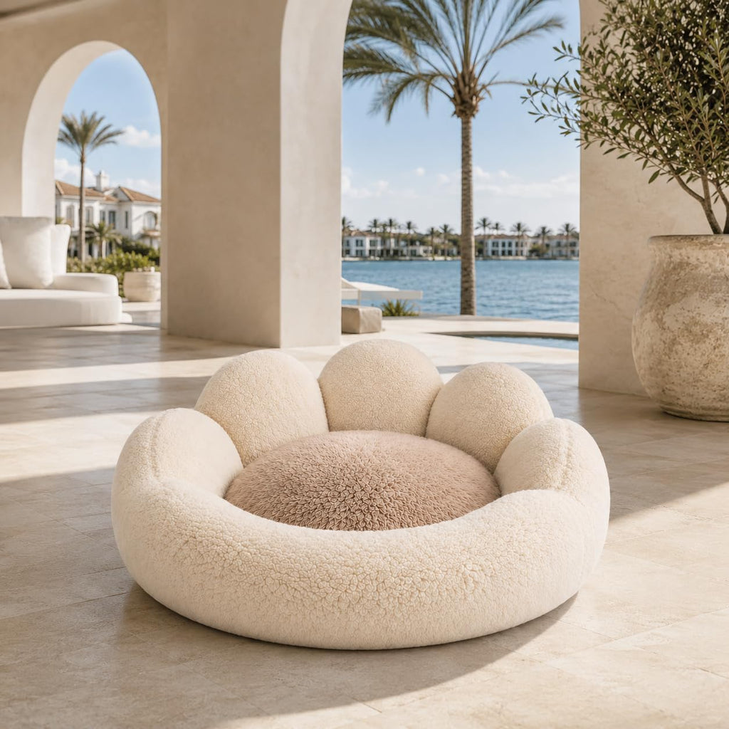 Small Dog Bed, Flower-Shaped Calming Cat Bed, 23 in, Beige