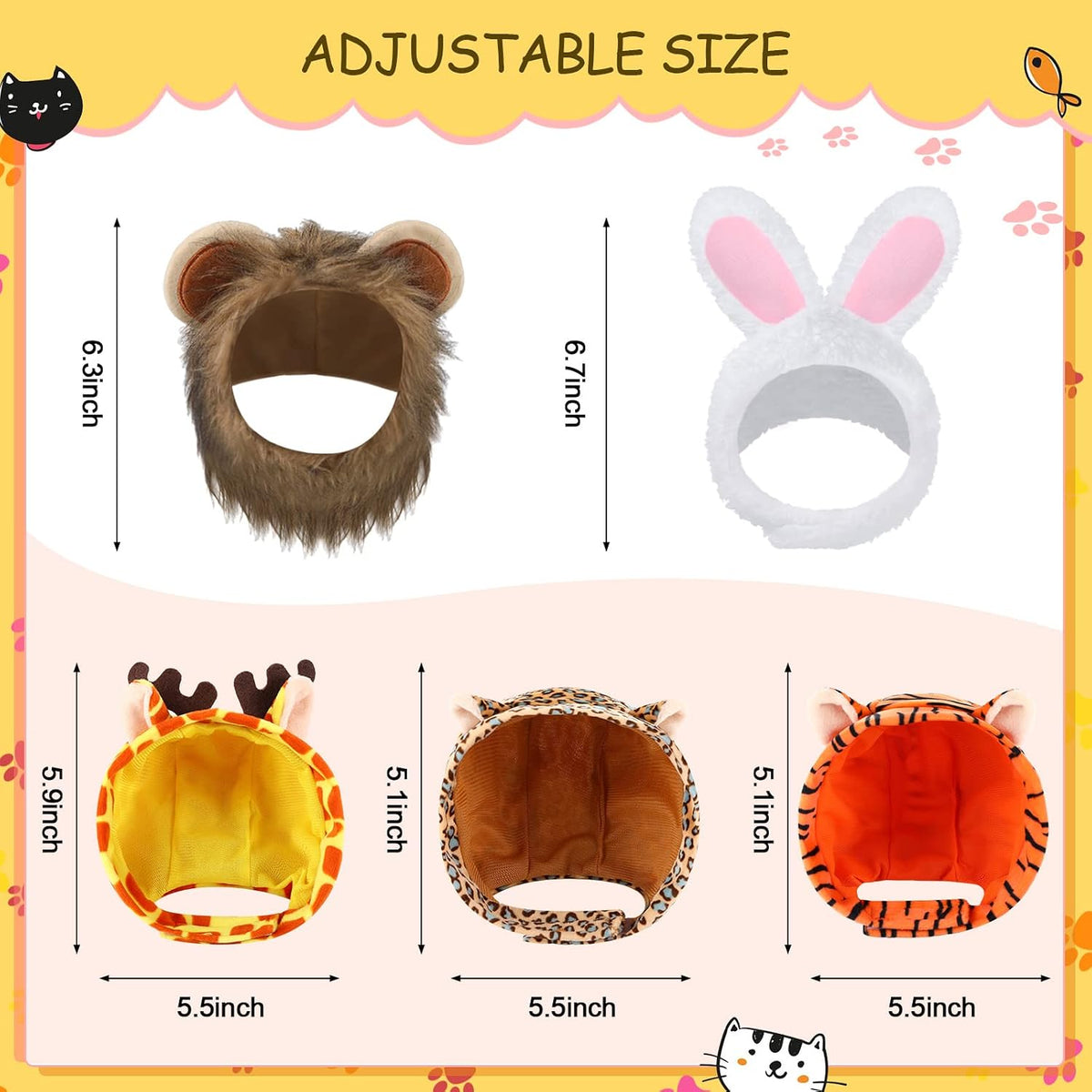 Weewooday 5 Pcs Cat Hat, Rabbit, Lion, Leopard, Tiger, Giraffe