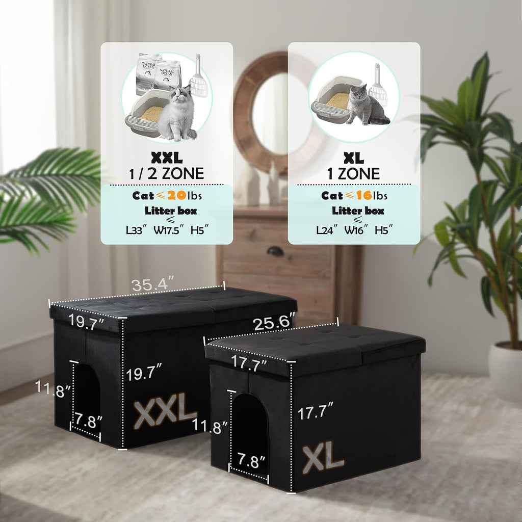 MEEXPAWS Cat Litter Box Enclosure Furniture XXL Velvet Lift Design Lid | Extra Large Hidden Cat Washroom Bench Ottoman, Storage Cabinet Dog Proof, Urine Proof, Easy Clean, Quick Assembly, Black