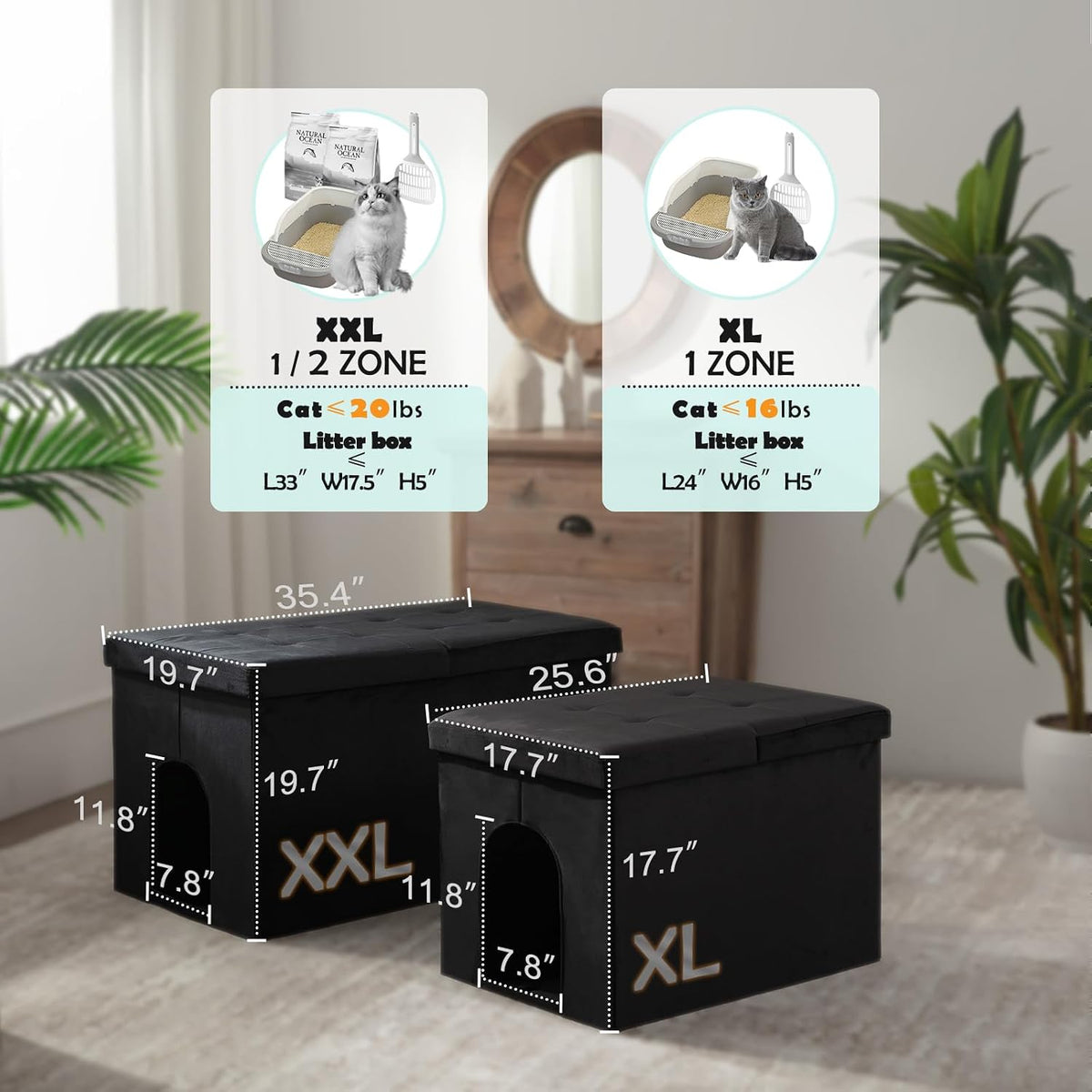 MEEXPAWS Cat Litter Box Enclosure Furniture XXL Velvet Lift Design Lid | Extra Large Hidden Cat Washroom Bench Ottoman, Storage Cabinet Dog Proof, Urine Proof, Easy Clean, Quick Assembly, Grey