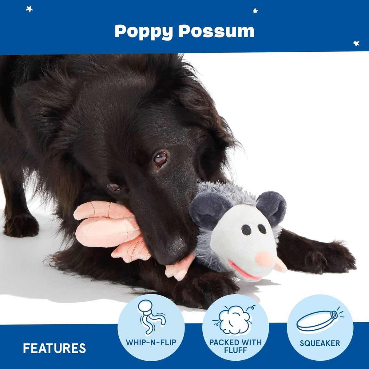 BarkBox Poppy Possum Interactive Plush Dog Toy | Squeaky Dog Chew Toy with Whip-N-Flip Tail - For Dogs and Puppies
