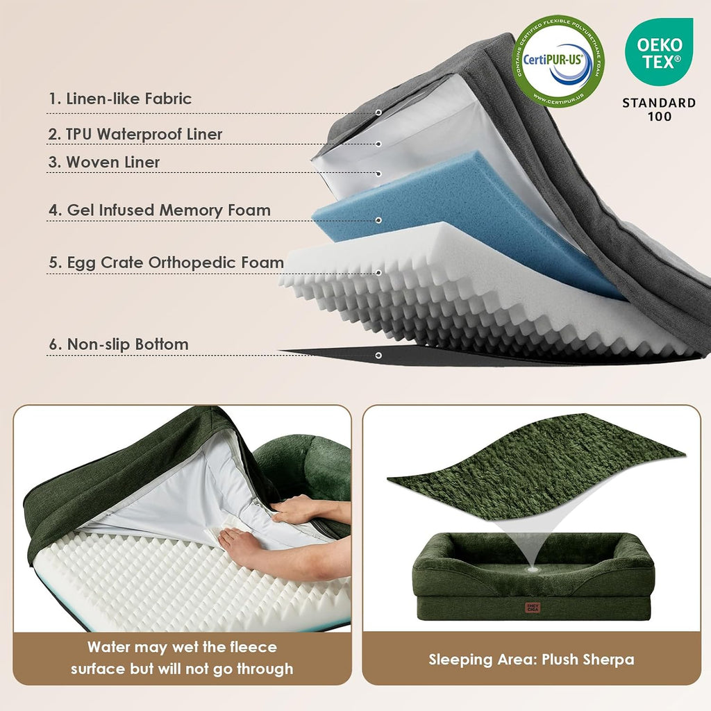 EHEYCIGA Orthopedic Dog Bed for Large Sized Dog, 45x35 Inch Large Memory Foam Dog Couch Bed with Sides, Waterproof Liner & Washable Removable Cover, Bolster Pet Sofa, Dark Green
