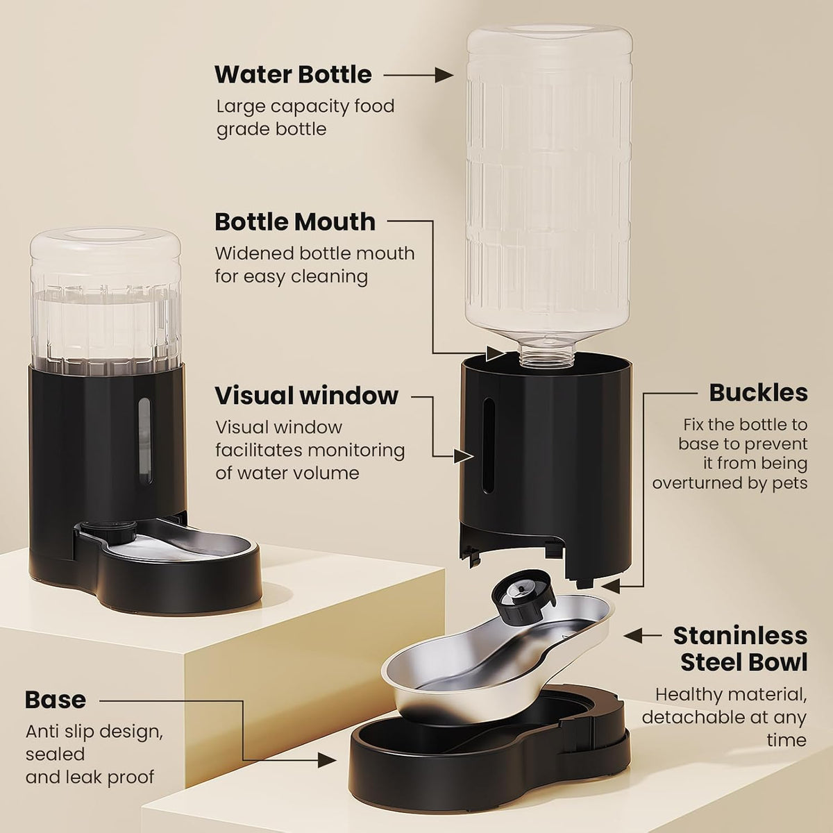 CZPET Gravity Dog Water Bowl Dispenser, Wider Mouth (8L+Stand, Black)