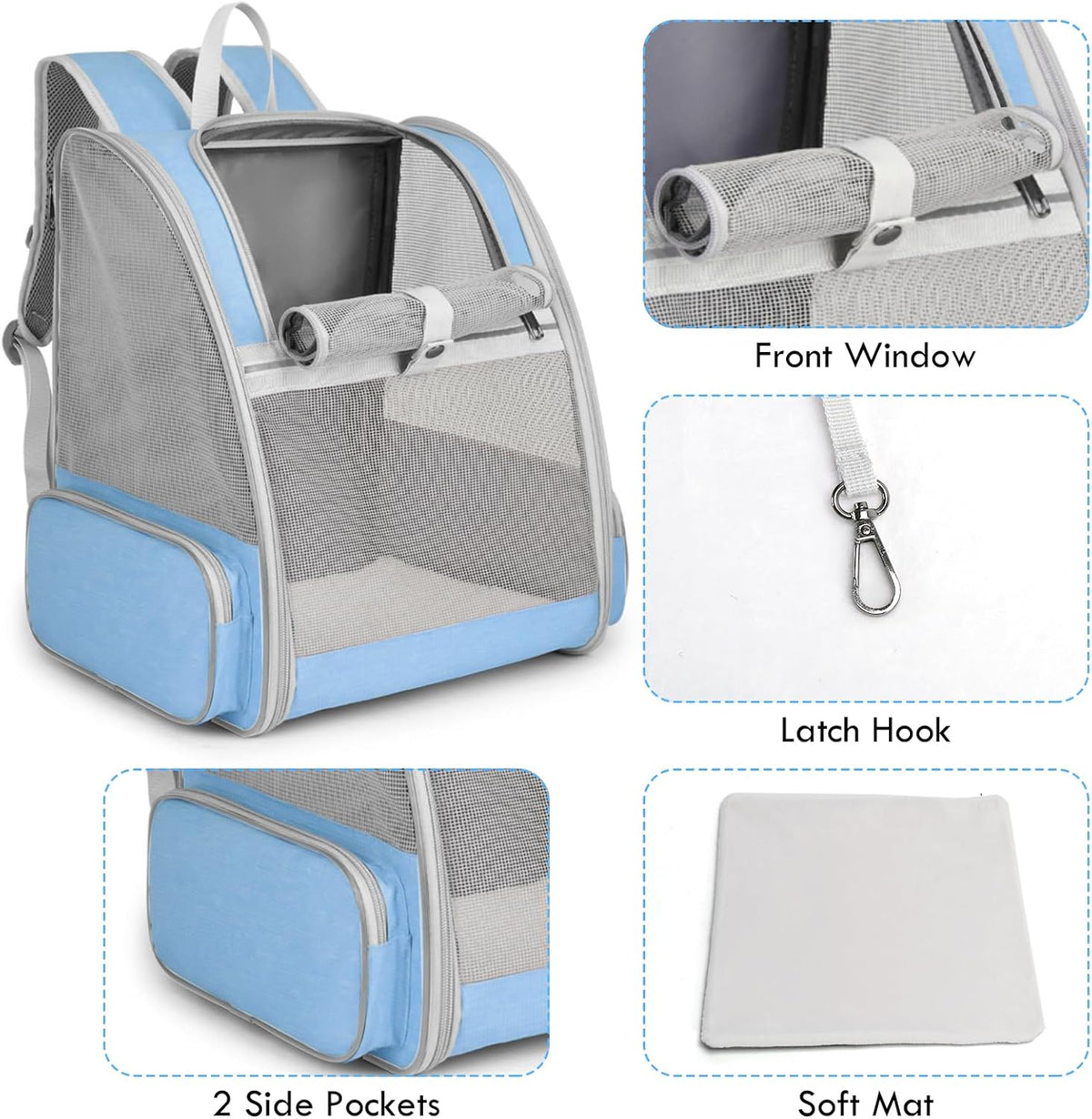 Cat Backpack Carrier, Small Dog Carrier Backpack with Fully Ventilated Mesh, Kitten Wand Feather Toy & Safety Leash, Collapsible Travel Hiking Pet Carrier for Small Dogs Cat Puppy Kitten Bunny (Blue)