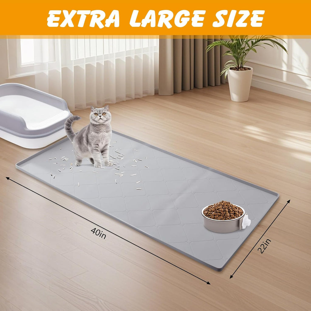 Large Cat Litter Mat 40x22 in, Waterproof Silicone, Gray | Extra large for litter box or feeding area, raised edges, silicone easy rinse-clean surface