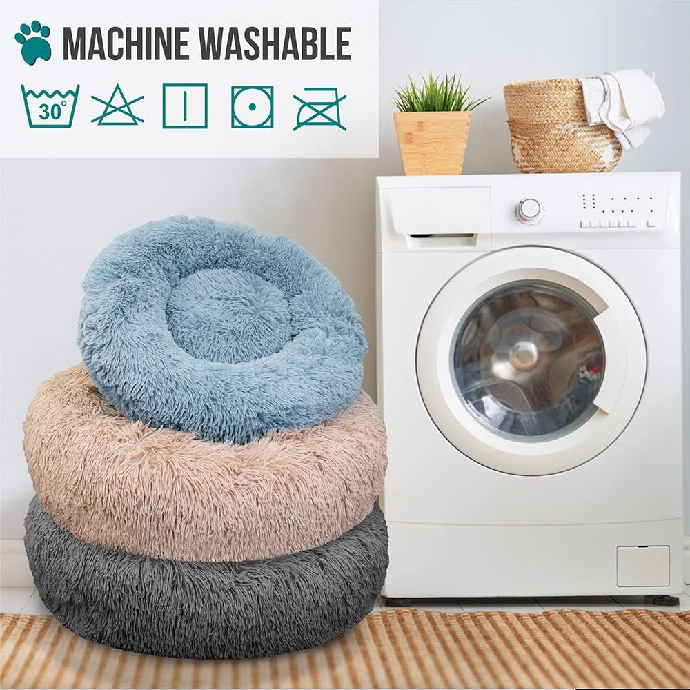 PetAmi Calming Donut Dog Bed, Washable Faux Fur, 30 Inch Medium, Light Grey