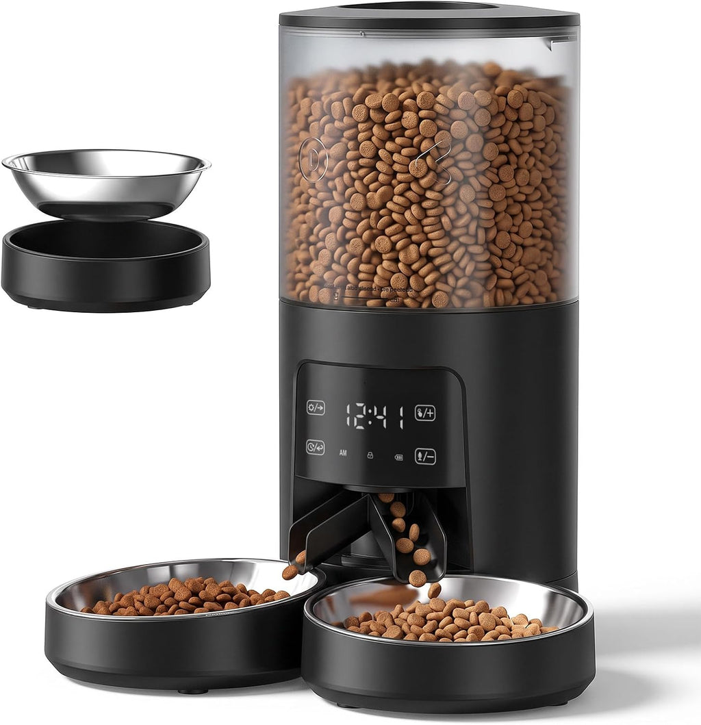 NEWBULIG Automatic Cat Feeder for 2 Pets 6L Dog Food Dispenser, Black