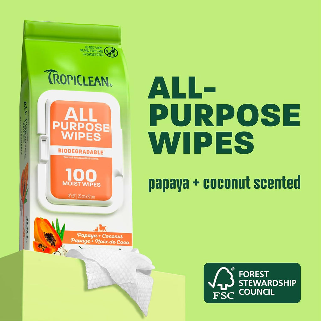 TropiClean Papaya & Coconut Luxury 2-in-1 Pet Wipes, 100ct - Wipes for Dogs & Cats - Gently Removes Dirt, Dander & Smells - for Pet Paws, Face, Body & Bottom - Tropical Papaya & Coconut Scent 