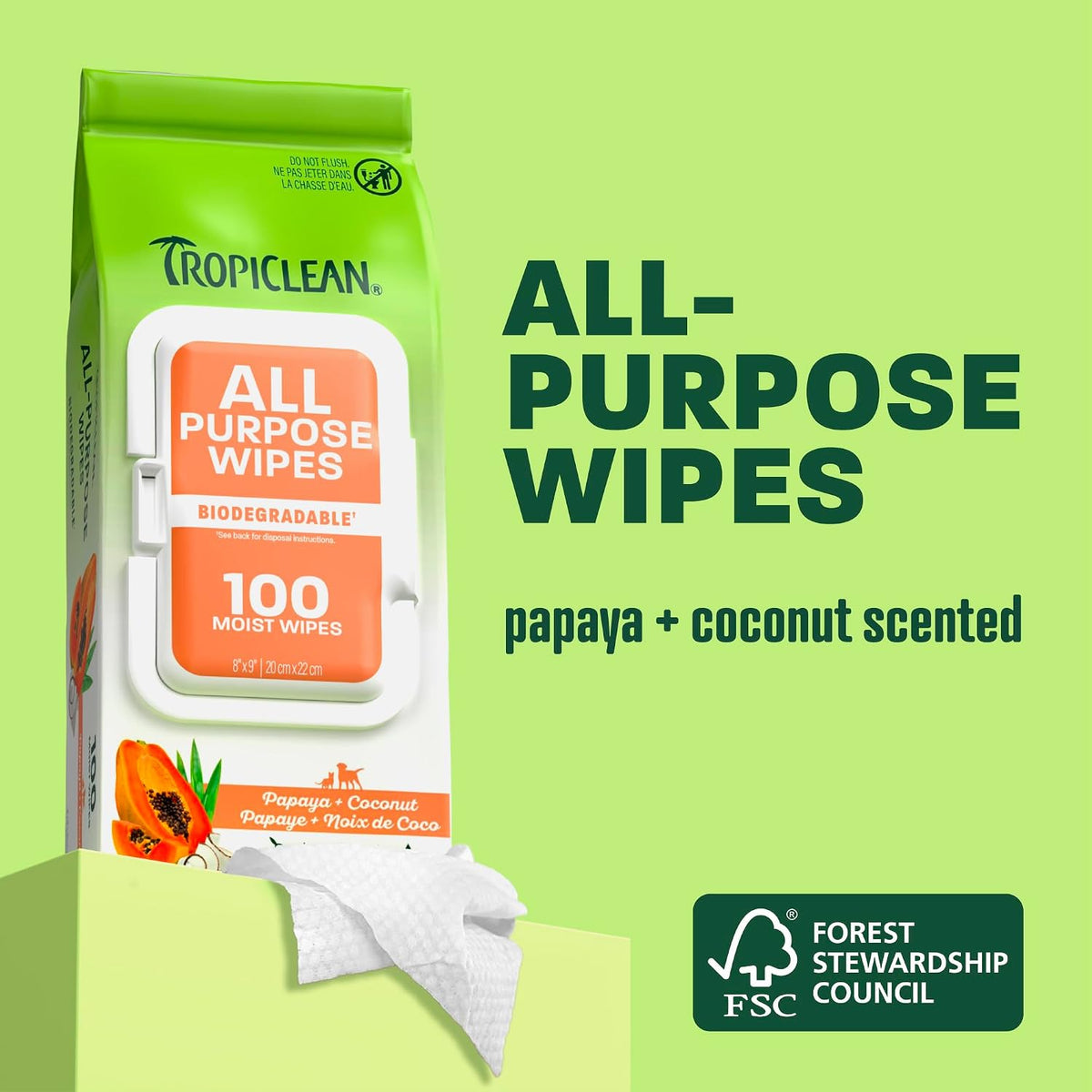 TropiClean Papaya & Coconut Luxury 2-in-1 Pet Wipes, 100ct - Wipes for Dogs & Cats - Gently Removes Dirt, Dander & Smells - for Pet Paws, Face, Body & Bottom - Tropical Papaya & Coconut Scent 