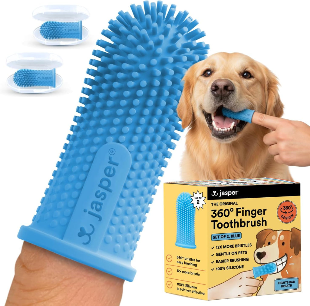 Jasper Dog Toothbrush, 360° Finger Toothbrush for Dogs & Cats, Blue 2-Pack | 12x More Bristles, Teeth Cleaning Kit for Small & Large Pets, Toothpaste Not Included, Fights Bad Breath, Extra Soft Silicone 