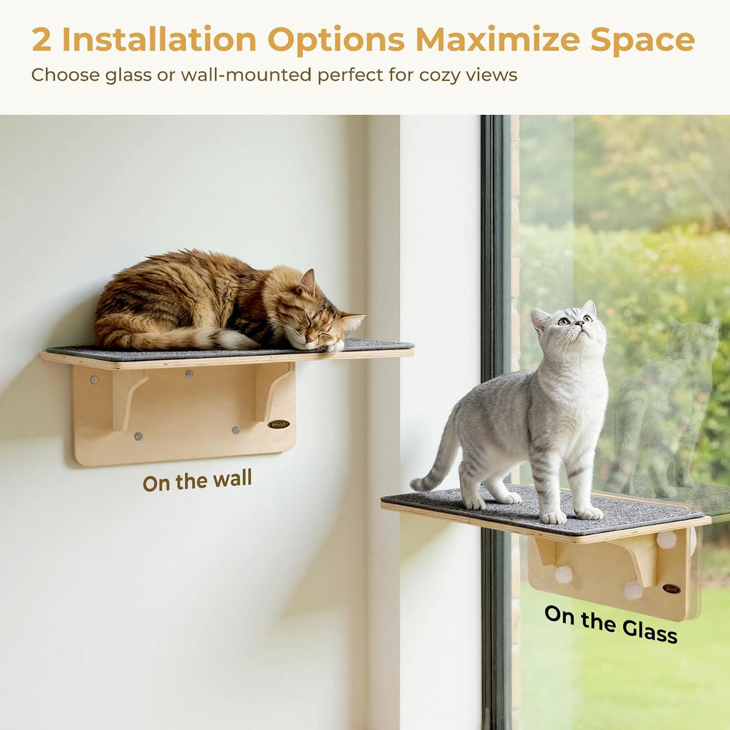 Pecute 2-in-1 Large Cat Window Perch & Wall Shelves, Solid Wood, 21"x11"