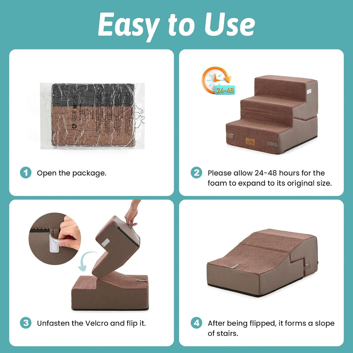 COZY KISS Dog Stairs for Small Dog, 14.2" H, 3 Step for Couch, Brown