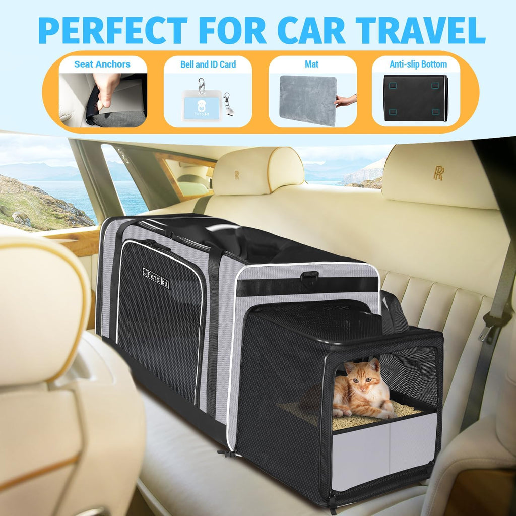 Petskd Side Expandable Extra Large Cat Carrier with Litter Box, Grey