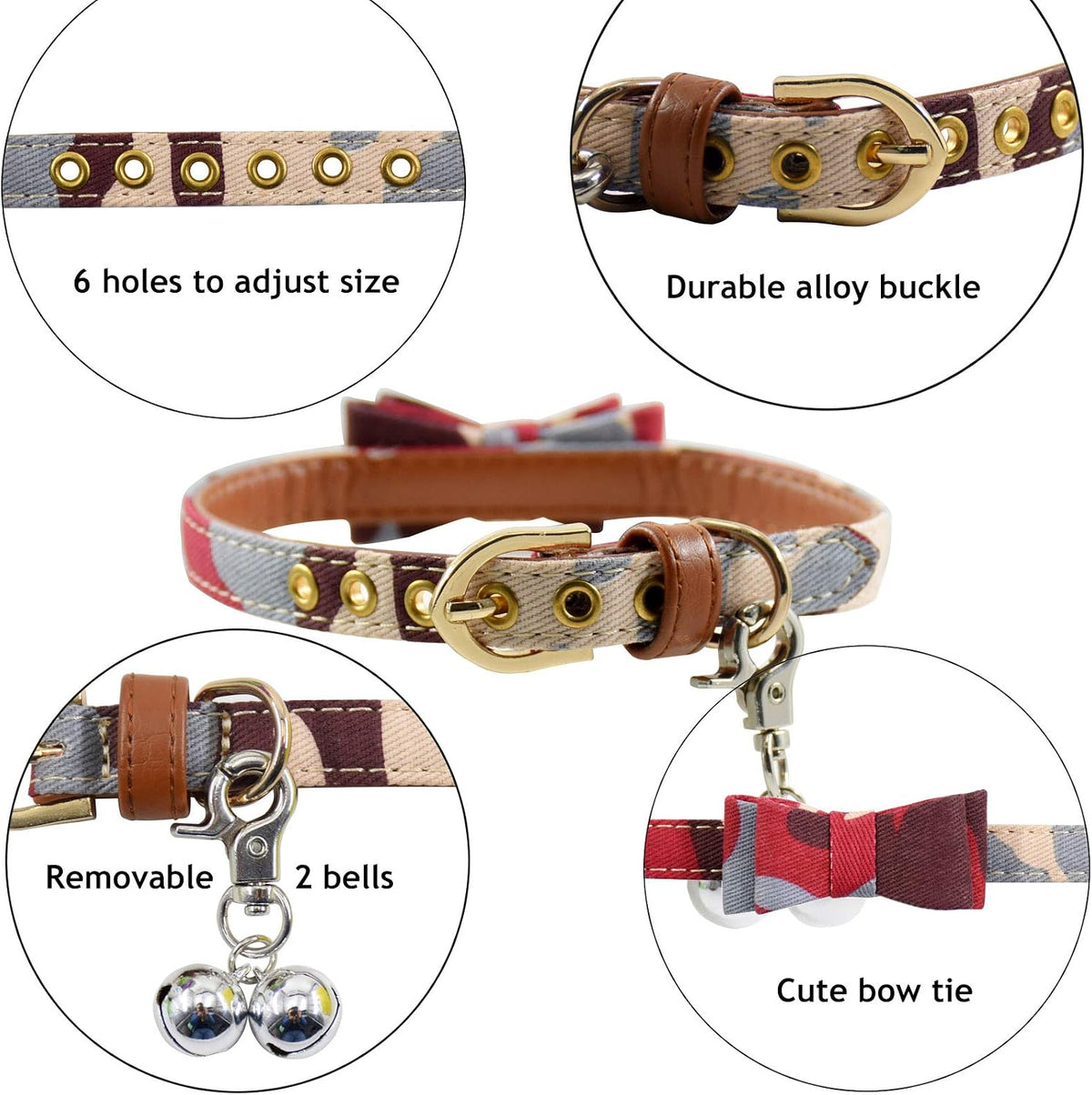 3PCS Bow Tie Dog Collar and Leash Set Plaid/Camo/Dots/Flower Dog Bandanas with Bell 3 Size Adjustable for Small Dogs Puppies and Cats (M, Camo 2)