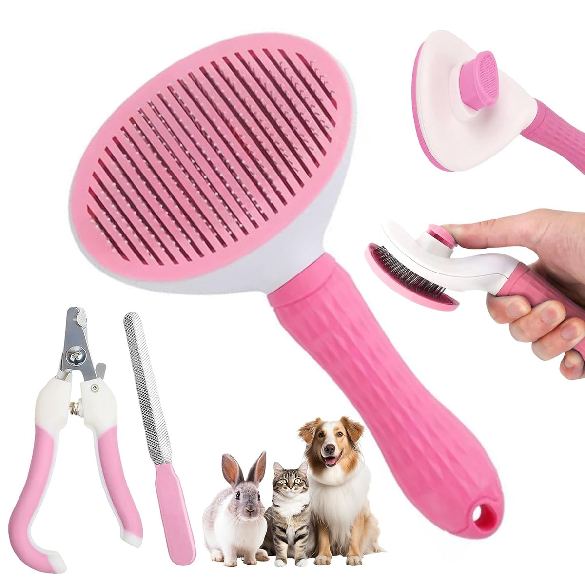 Oromaviela 3PCS Dog Cat Rabbit Bunny Grooming Kit, Self-Cleaning Slicker Dog Brush for Shedding, Fine-Needle Comb, Pet Nail Clipper & File for Long/Short-Haired Pets, Easy to Remove Loose (3, pink)