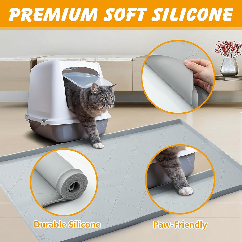 Large Cat Litter Mat 40x22 in, Waterproof Silicone, Gray | Extra large for litter box or feeding area, raised edges, silicone easy rinse-clean surface