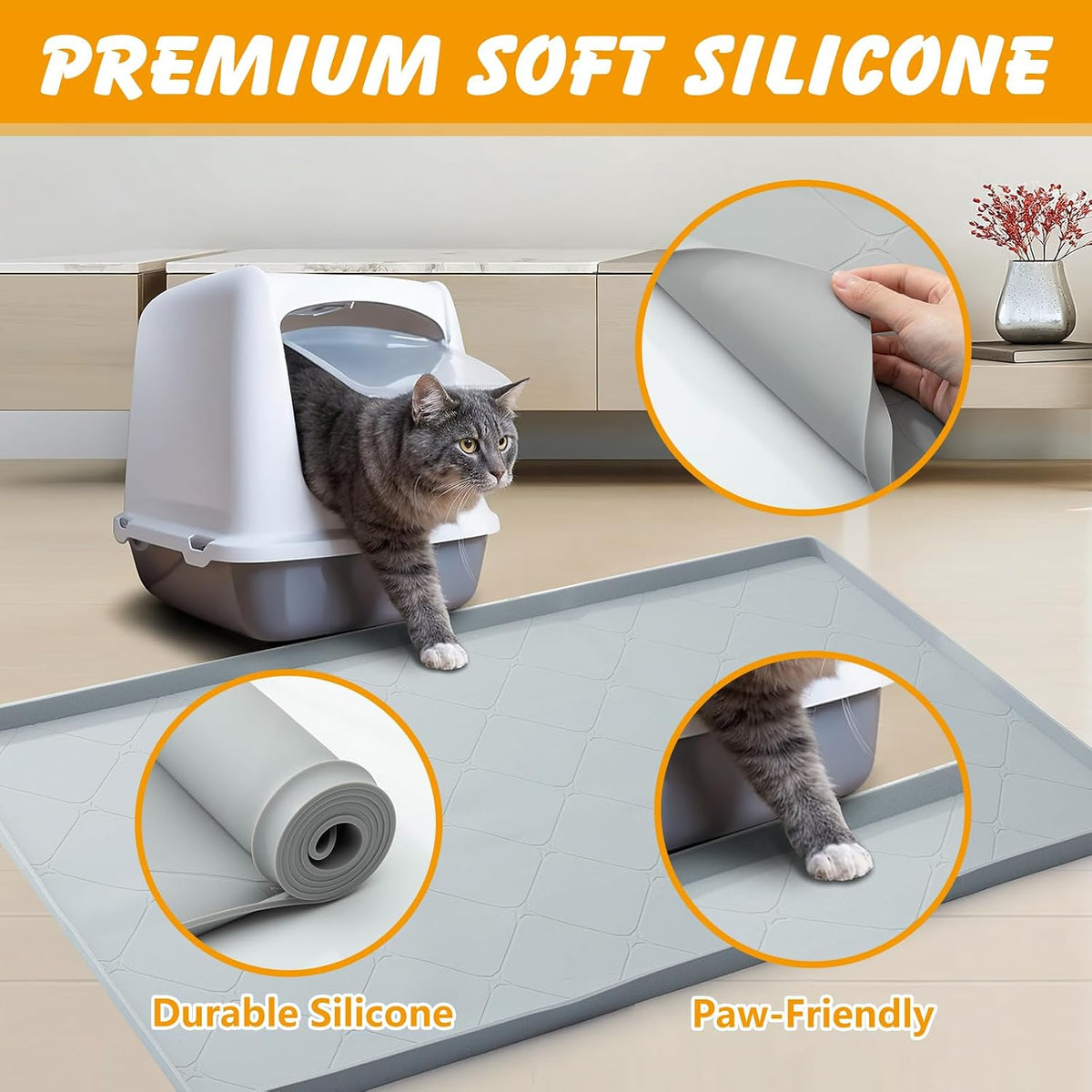 Large Cat Litter Mat 40x22 in, Waterproof Silicone, Gray | Extra large for litter box or feeding area, raised edges, silicone easy rinse-clean surface