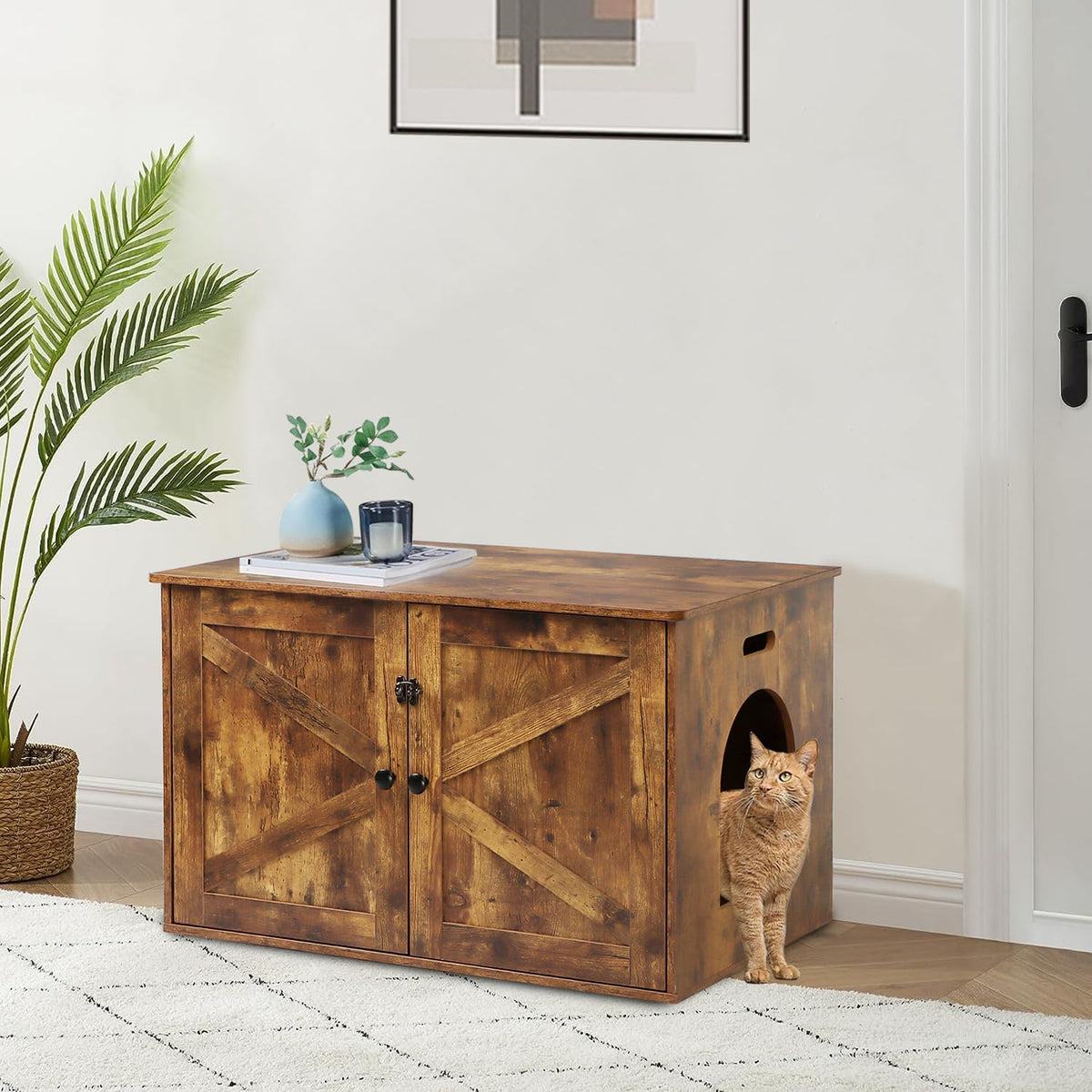Timberer Cat Litter Box Enclosure, Hidden Litter Box Furniture with Divider | Wooden Cat Washroom Furniture, Indoor Cat House, Dog-Proof, Fits Most of Litter Box, Rustic Brown