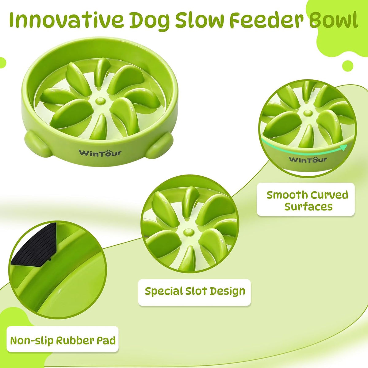 WinTour Slow Feeder Dog Bowls for Small Medium Pets, Round PP Dish, 1 Pack