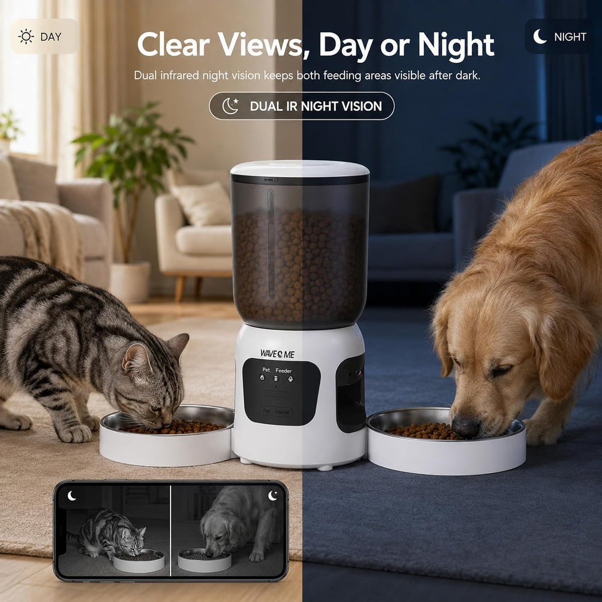 Automatic Cat Feeder for 2 Cats with Dual Cameras, 6L Dual Bowl Pet Feeder
