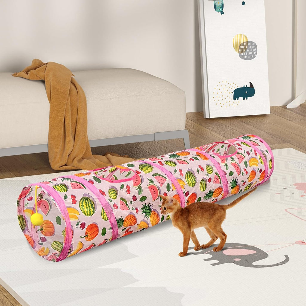 Andiker Cat Tunnel for Indoor Cats, 45" Long Rainbow Collapsible Kitten Tube with a Fun Ball and 2 Holes Cat Play Tunnel, Rabbit Tunnel for Kittens Exercising Hiding Training and Running (Pink)