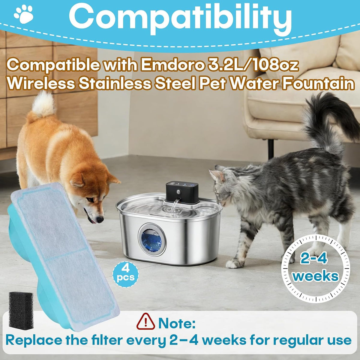 6-Pack Pet Water Fountain Filter Compatible with Emdoro Pet Water Fountains