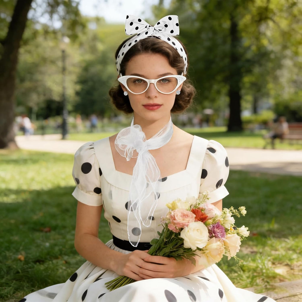 50s Set 50's Costume Accessories Chiffon Scarf Cat Eye Glasses Bandana Tie Headband Earrings for Cosplay Party