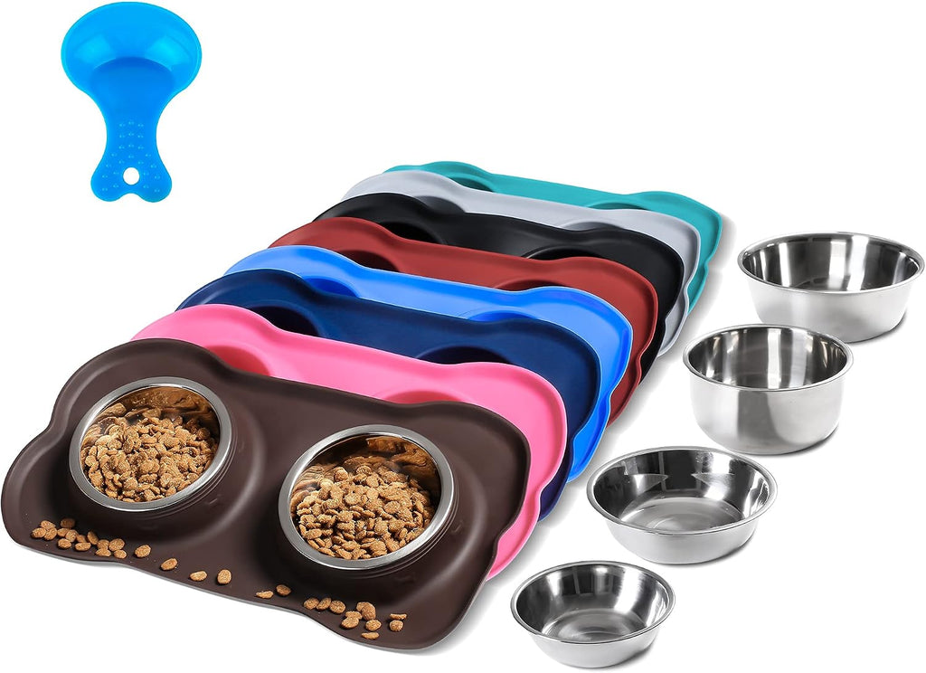 Hubulk Pet Dog Bowls 2 Stainless Steel Dog Bowl with No Spill Non-Skid Silicone Mat + Pet Food Scoop Water and Food Feeder Bowls for Feeding Small Medium Large Dogs Cats Puppies (Large, Chocolate) 