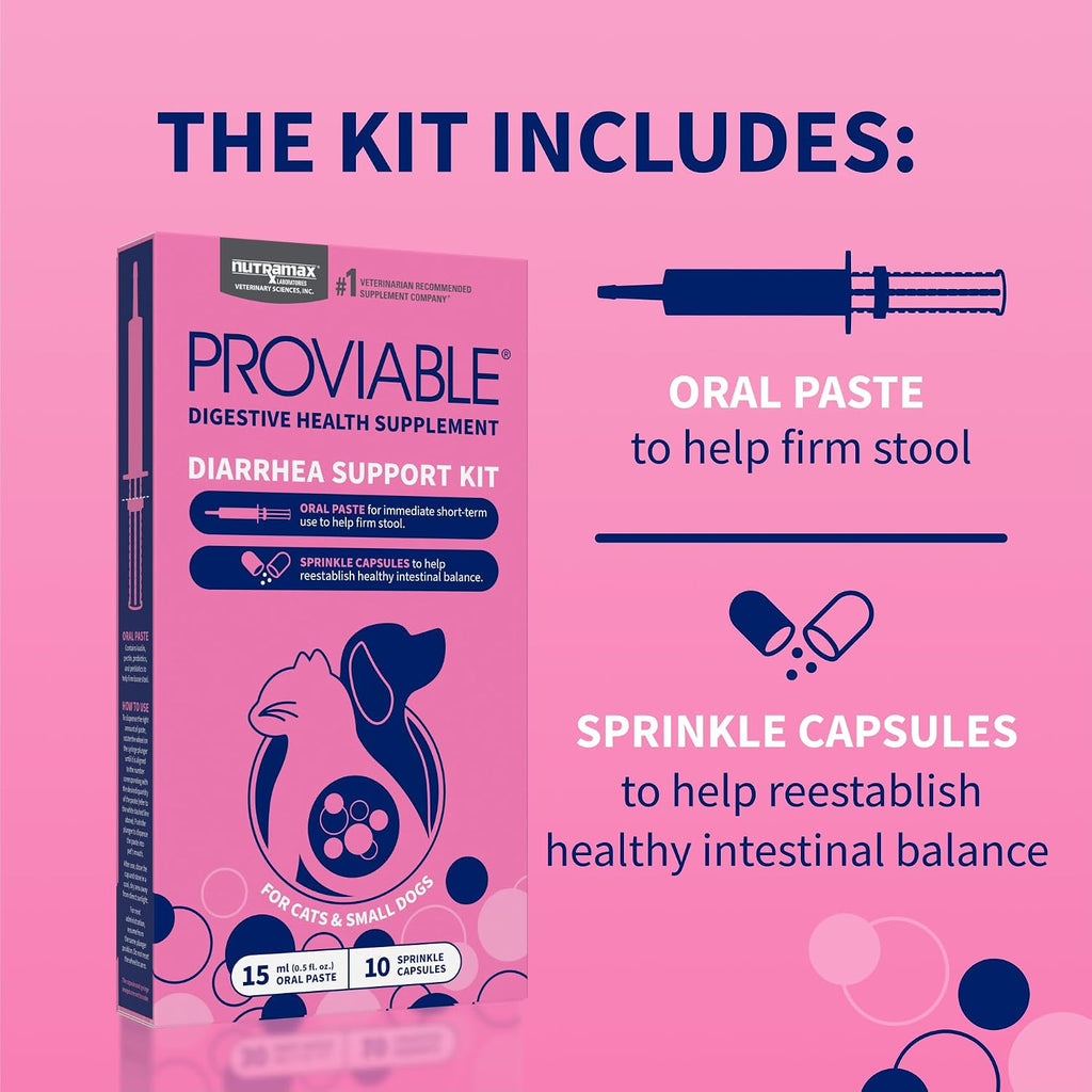 Nutramax Laboratories Proviable Digestive Health Supplement Kit with Multi-Strain Probiotics and Prebiotics for Cats and Small Dogs, with 7-Strains of Bacteria, 15 mL Paste and 10 Capsules