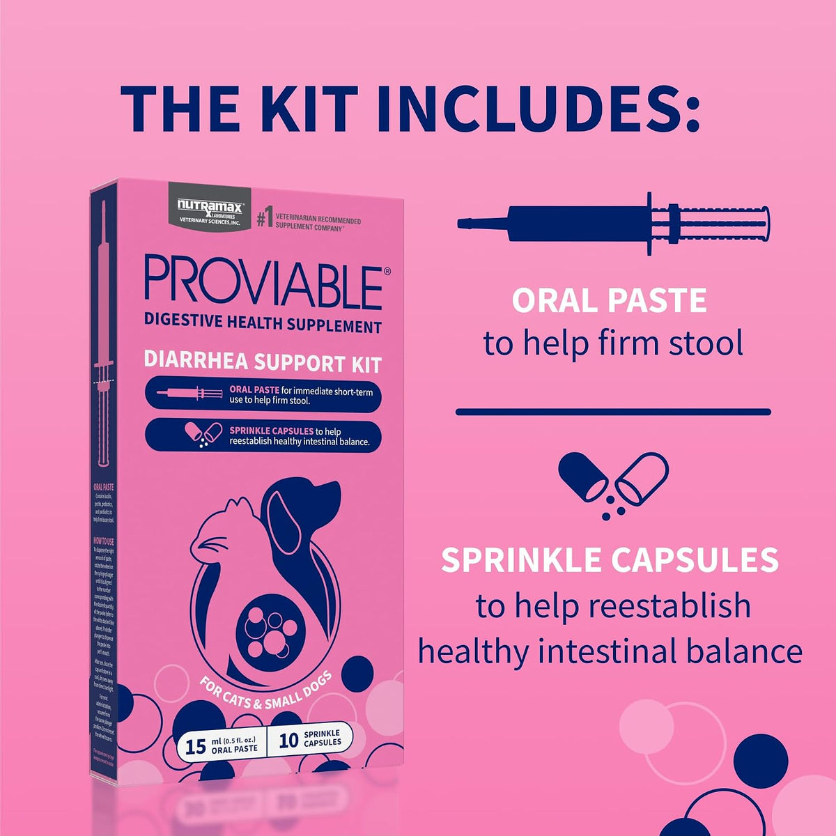 Nutramax Laboratories Proviable Digestive Health Supplement Kit with Multi-Strain Probiotics and Prebiotics for Cats and Small Dogs, with 7-Strains of Bacteria, 15 mL Paste and 10 Capsules