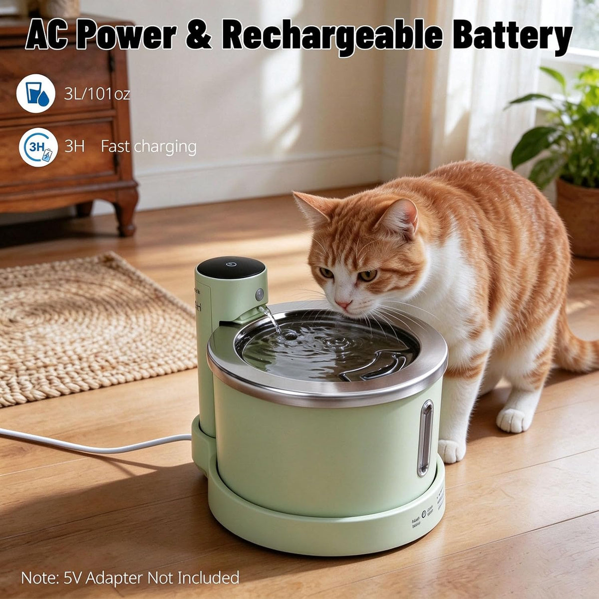 Wireless Stainless Steel Cat Water Fountain, 3L Induction Dispenser