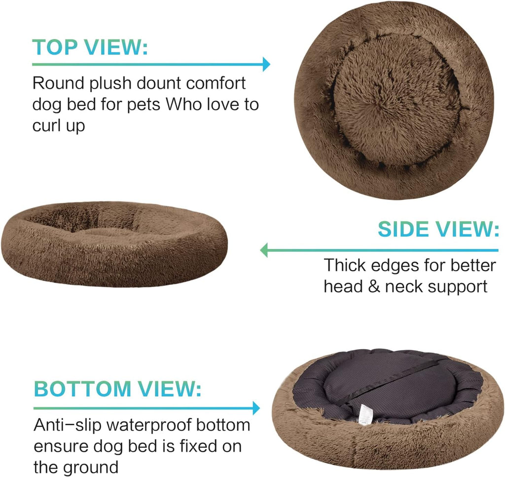 SAVFOX 54 inches Calming Donut Dog Bed - 3X Durable Plush Faux Fur, Machine Washable & Non-Slip, Fits up to 210 lbs, Removable Cover, Brown