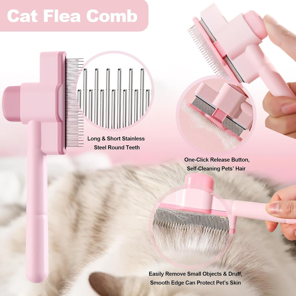 Cat Grooming Kit, 4-in-1 Cat Grooming Tools with Cats Brush, Flea Comb, Nail Clipper & Trimmer - Deshedding & Dematting for Pets Hair and Paws, Pet Shedding Set for Indoor Dogs & Cats (Blue)