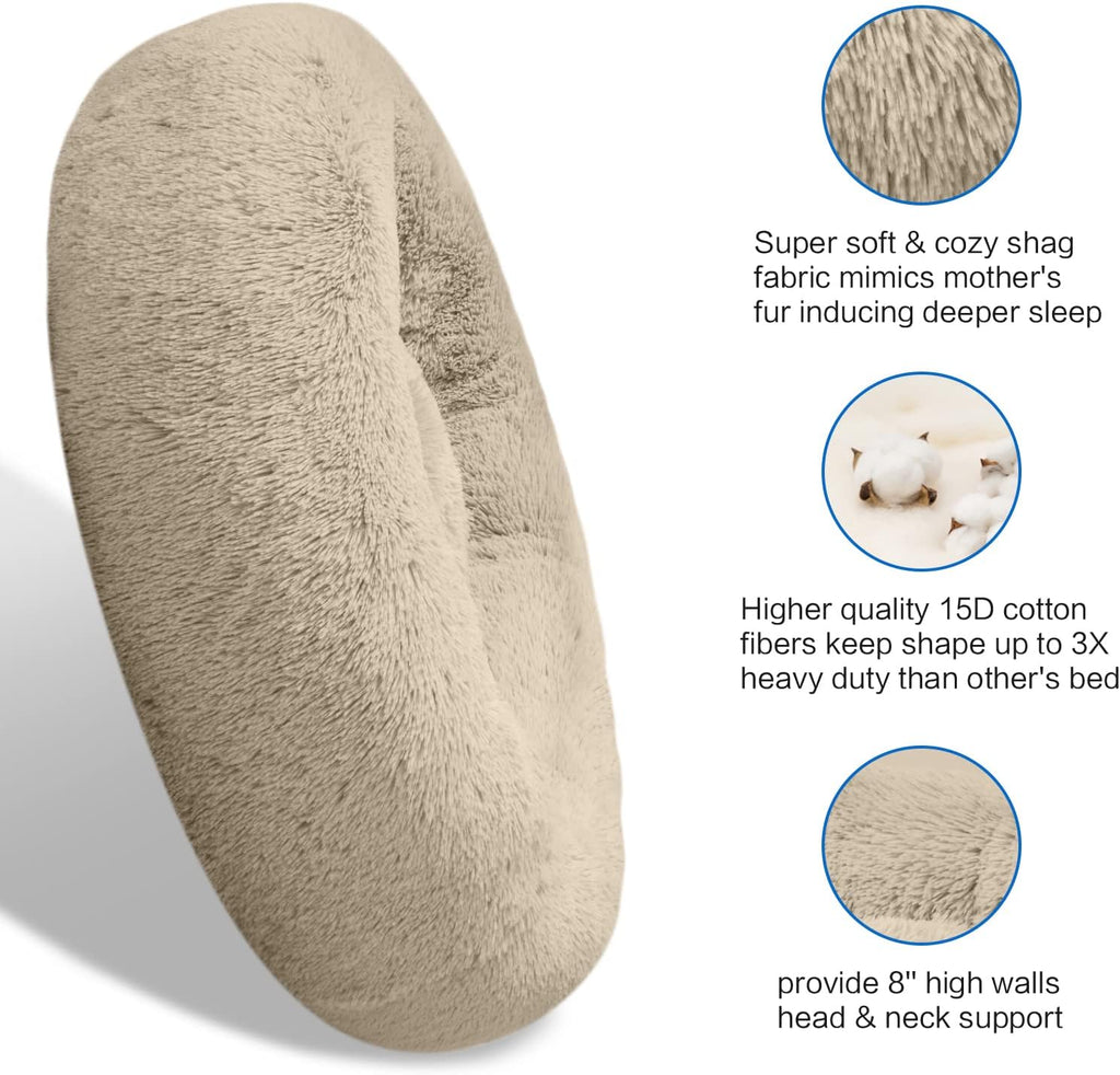 SAVFOX 20 inches Calming Donut Dog Bed - 3X Durable Plush Faux Fur, Machine Washable & Non-Slip, Fits up to 15 lbs, Beige
