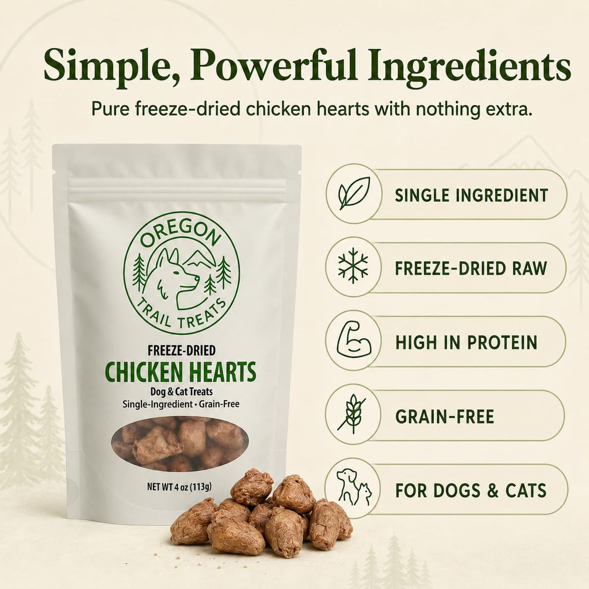 Oregon Trail Treats Freeze Dried Chicken Hearts 4oz - Premium Single Ingredient Cat & Dog Chicken Treats - No Preservatives, Zero Gluten or Grain - Made in the USA